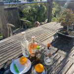 ingredients for a cocktail on a wooden table with blue sky behind