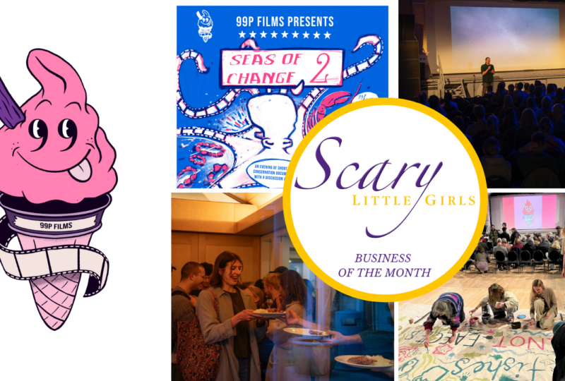 a multisection image showing the logo of 90 9P films which is an ice cream cone with pink ice cream and a smiling face. There are photos of experiences at 90 9P films including an activist activity a film poster a woman eating and a man standing on a stage talking.