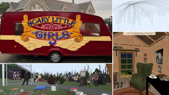 A four part landscape rectangular image. In the top left corner is the side view of a deep red painted caravan with the words Scary Little Girls painted in blue onto yellow gold scrolls with yellow wings underneath. In the bottom left corner is a digital representation of the fence and campsite at the Greenham Common women's peace camp. In the bottom right image is a digital representation of the inside of a caravan with numerous items representing Cornish stories. in the top right corner is a digital map relating to Twine stories, with numberous arcing threads leaping left, right and down from a central point.