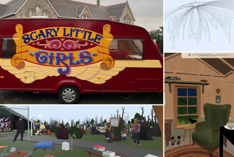 A four part landscape rectangular image. In the top left corner is the side view of a deep red painted caravan with the words Scary Little Girls painted in blue onto yellow gold scrolls with yellow wings underneath. In the bottom left corner is a digital representation of the fence and campsite at the Greenham Common women's peace camp. In the bottom right image is a digital representation of the inside of a caravan with numerous items representing Cornish stories. in the top right corner is a digital map relating to Twine stories, with numberous arcing threads leaping left, right and down from a central point.