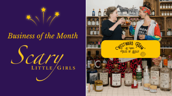 Grid with 3 sections. SLG logo is on the left with text that reads business of the month. On the top right is a picture of Becca and Grace. On the bottom right is a collection of drinks bottles