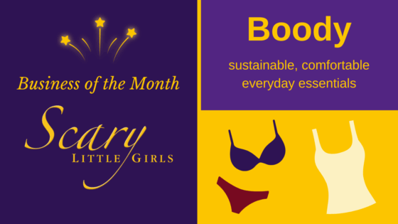 Purple background with the SLG logo. Yellow text reads 'Boody. Sustainable, comfortable everyday essentials' graphics of a bar, underwear, and a tank top