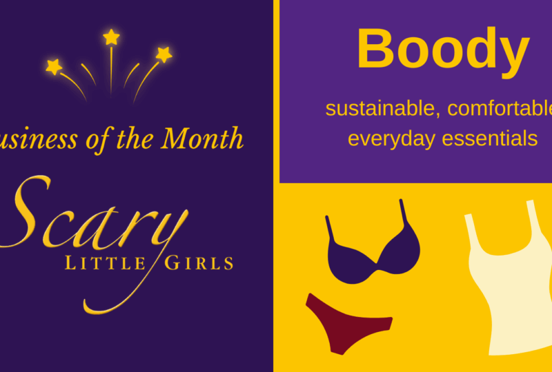 Purple background with the SLG logo. Yellow text reads 'Boody. Sustainable, comfortable everyday essentials' graphics of a bar, underwear, and a tank top